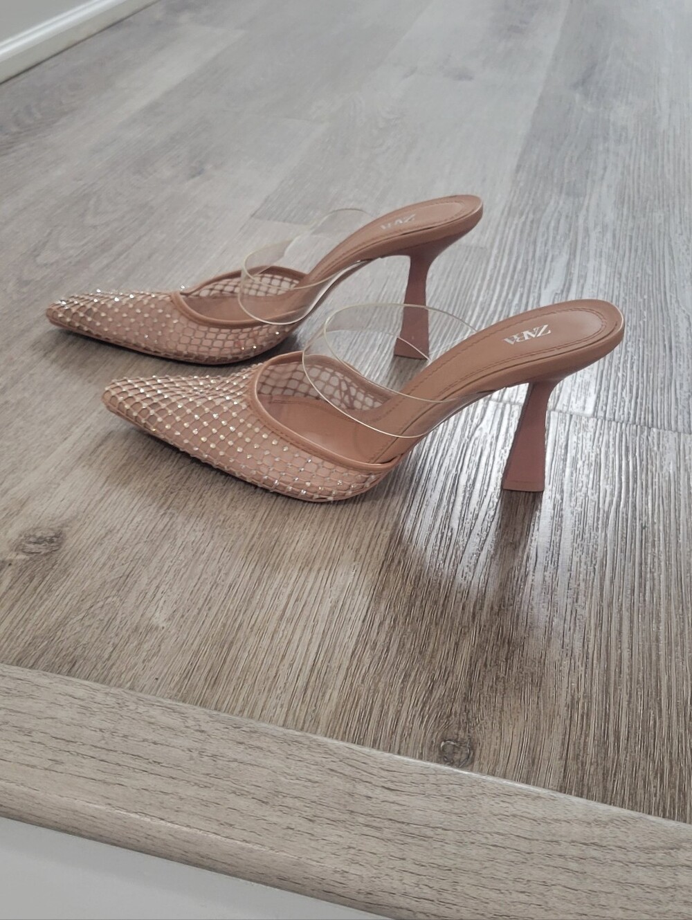 Zara Nude  Pointed Mesh Mule Heels with Clear Straps